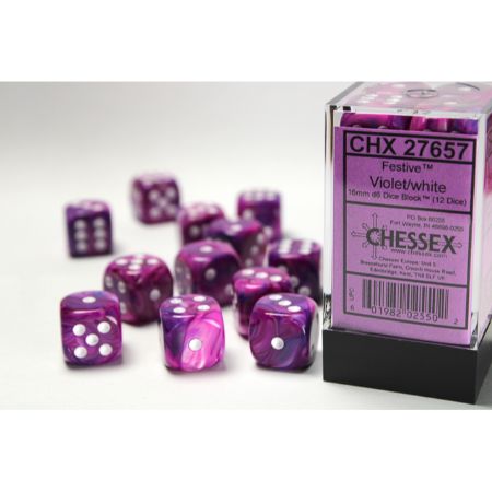 Dice - Festive Violet/white 16mm d6 Dice Block (12 dice)