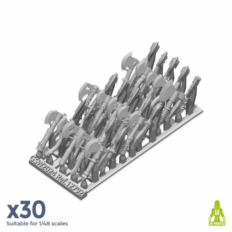 Set of resin hand axes on a white background with branding for Green Stuff World and Resin Bits.