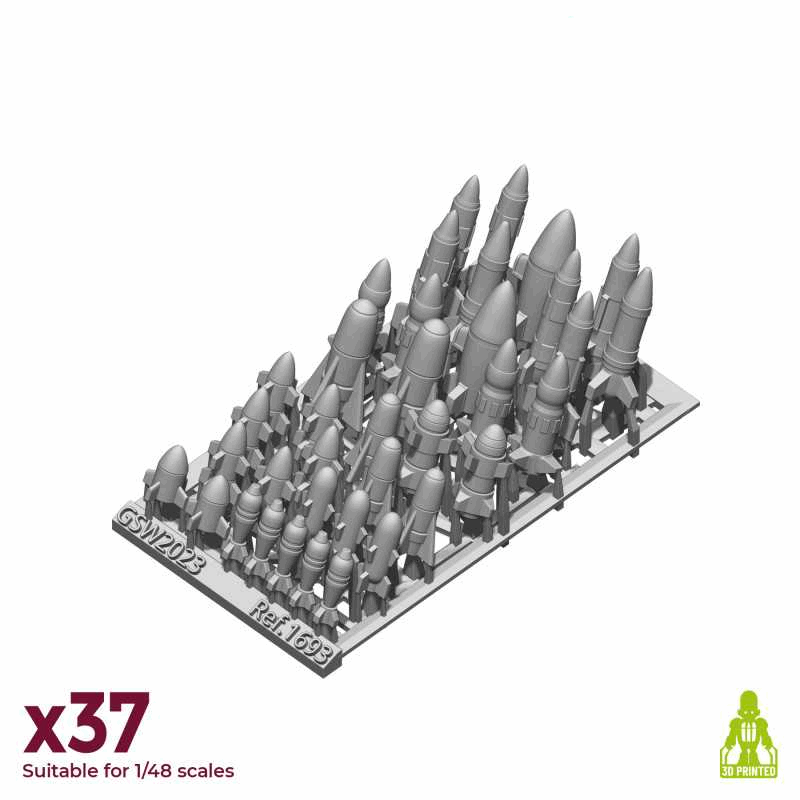 Set of resin missiles on a white background with branding for Green Stuff World and Armory Armory.