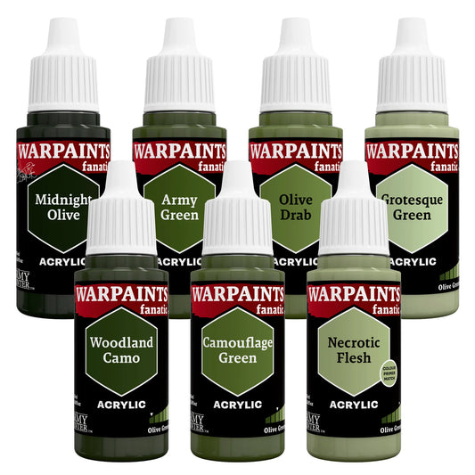Set of Warpaints acrylic paint bottles in various green shades on a white background