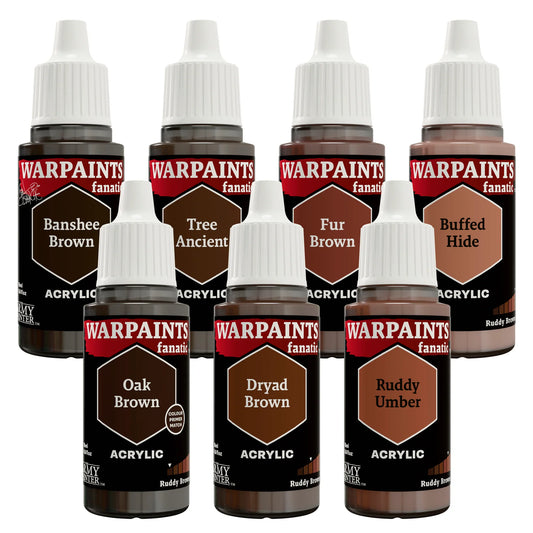 Set of Warpaints acrylic paint bottles in various brown shades on a white background