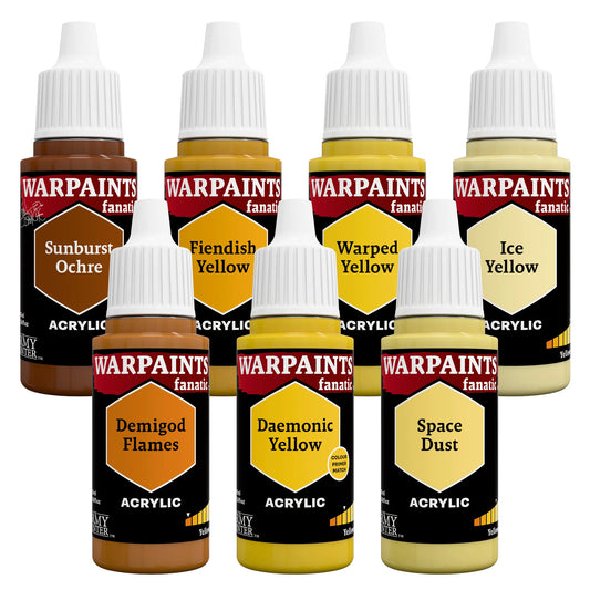 Set of Warpaints acrylic paint bottles on a white background
