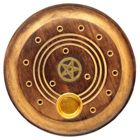 Incense Holder Sticks and Cones - Round Mango Wood Pentagram