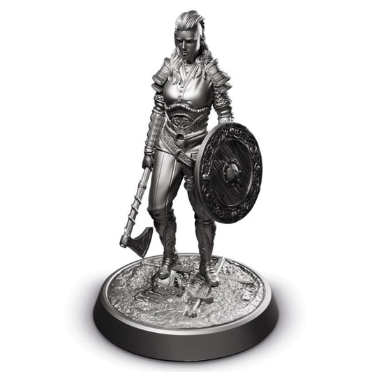 Metallic figurine of a warrior with armor, axe, and shield on a white background