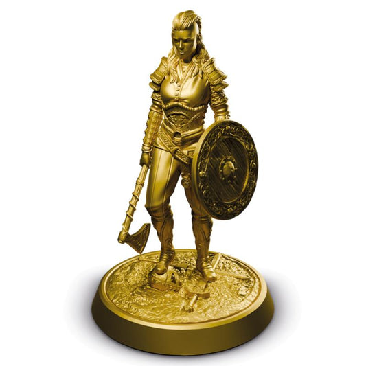 Gold warrior figurine with shield and axe on a white background