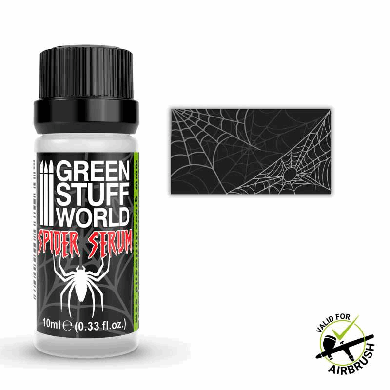 Bottle of Green Stuff World Spider Serum with spider web design on label