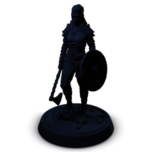 Silhouette of a warrior figure with a shield and axe on a white background