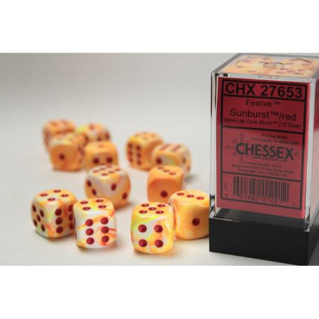 Dice D6 - Chessex - Festive w/pips Sunburst w/red 16mm d6 Dice Block (12 dice) - CHX27653