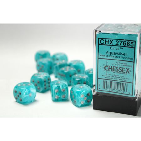 Cirrus Aqua/silver 16mm d6 Dice Block (12 dice)