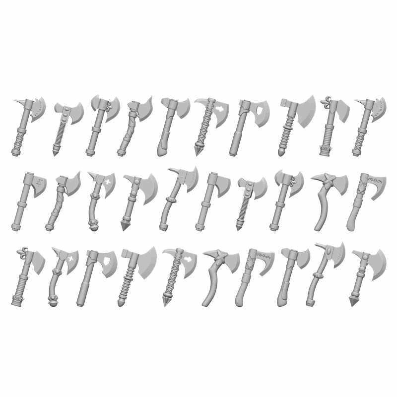 Multiple gray axes arranged in a grid on a white background