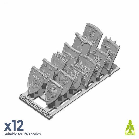 Set of resin medieval shields with branding on a white background