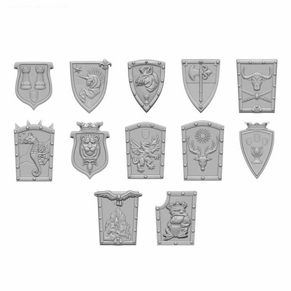 Set of resin medieval shields with branding on a white background