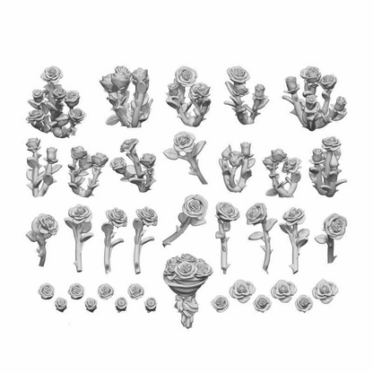 Collection of gray floral and branch decorations on a white background