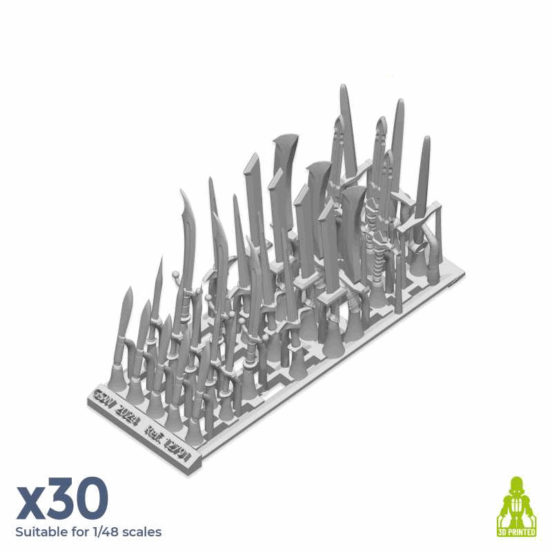 Set of resin sword and dagger bits by Green Stuff World on a white background