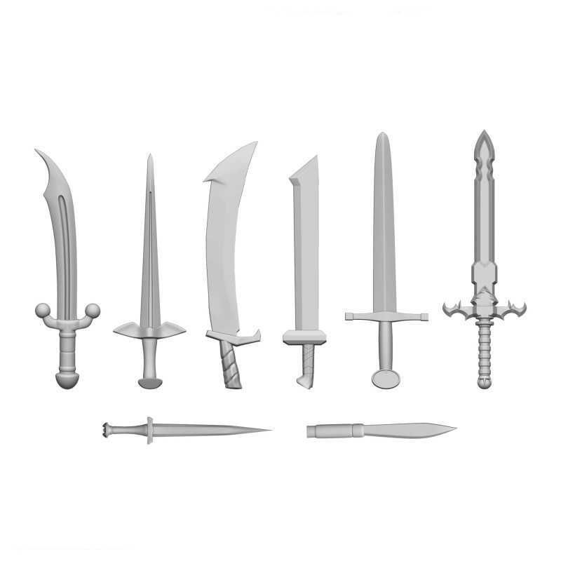Set of resin sword models with branding on a white background