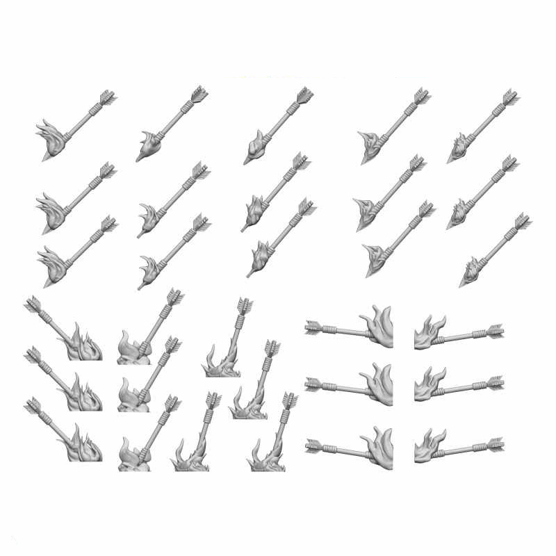 Resin bits labeled 'Flaming Arrows' from Green Stuff World on a white background