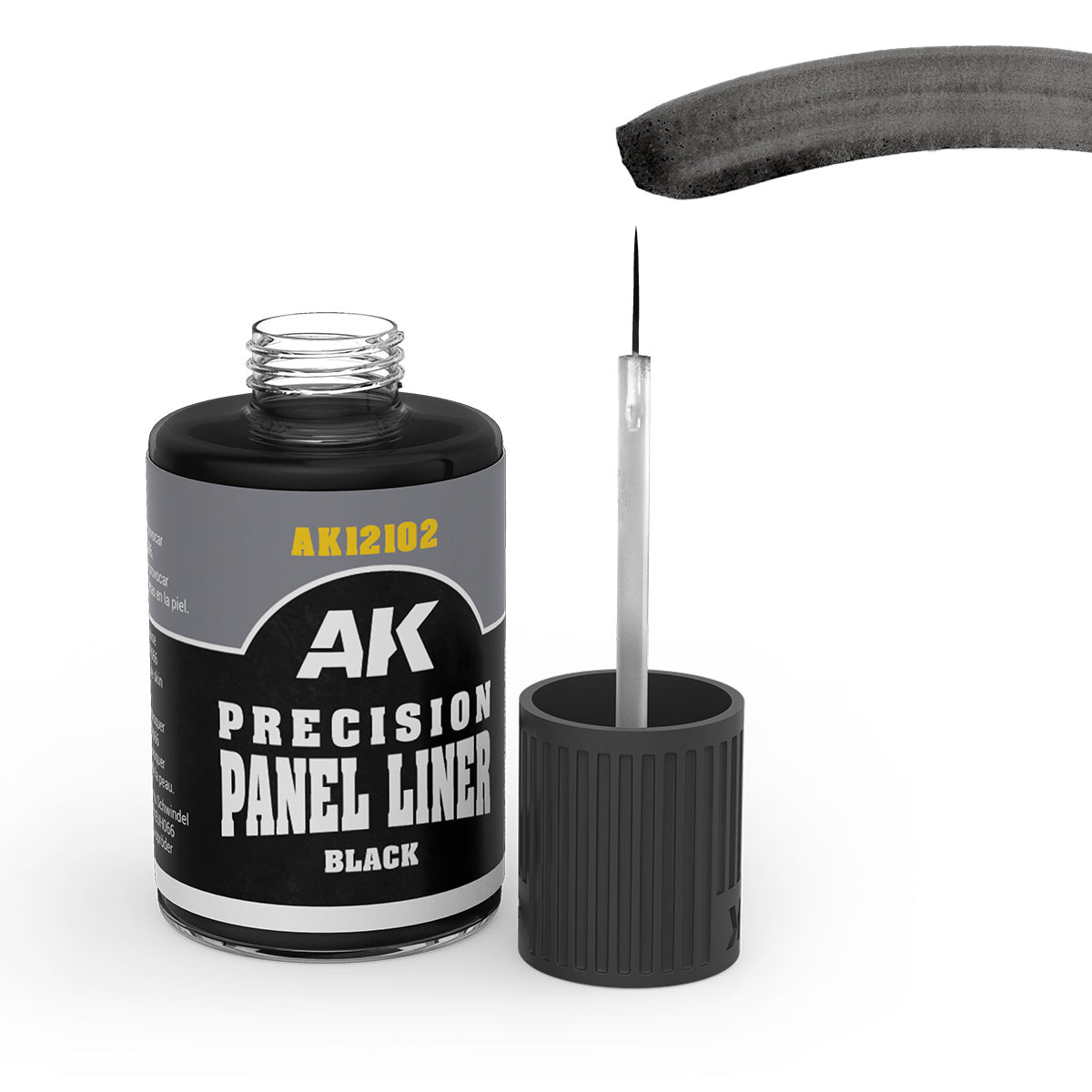 AK Precision Panel Liner black paint can with applicator on a white background