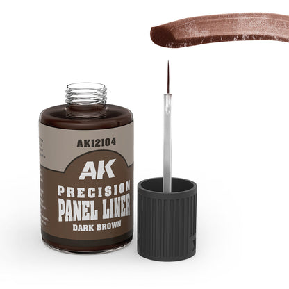 AK Precision Panel Liner Dark Brown paint bottle with applicator on a white background