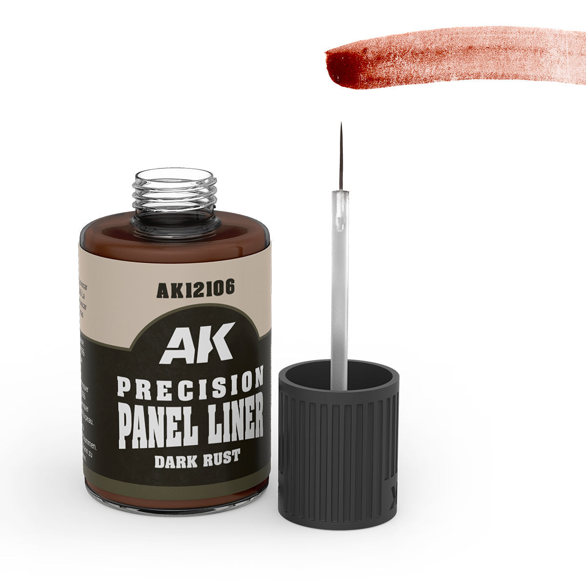 AK Precision Panel Liner dark rust paint bottle with applicator on a white background