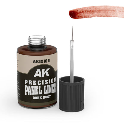 AK Precision Panel Liner dark rust paint bottle with applicator on a white background