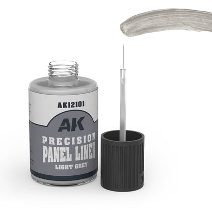 AK Precision Panel Liner light gray paint with applicator on a white background