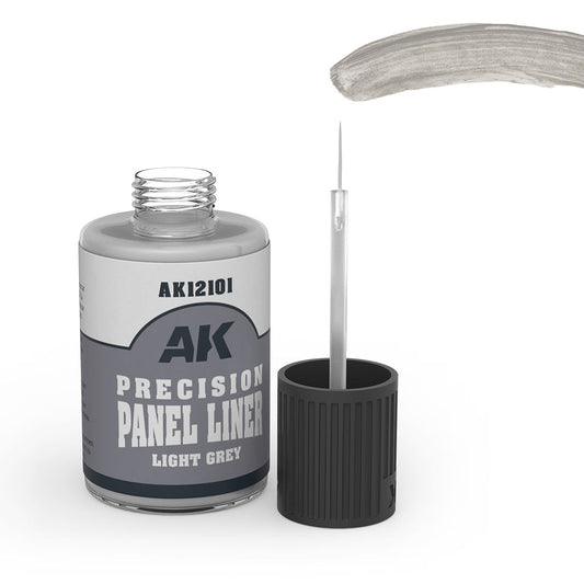 AK Precision Panel Liner light gray paint with applicator on a white background
