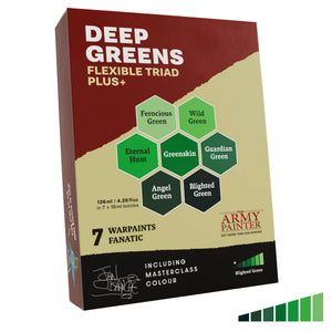 Box of 'Deep Greens Flexible Triad Plus' paint set by The Army Painter on a white background
