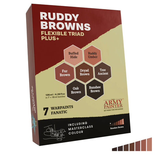 Box of 'Ruddy Browns Flexible Triad Plus' paint set by The Army Painter on a white background