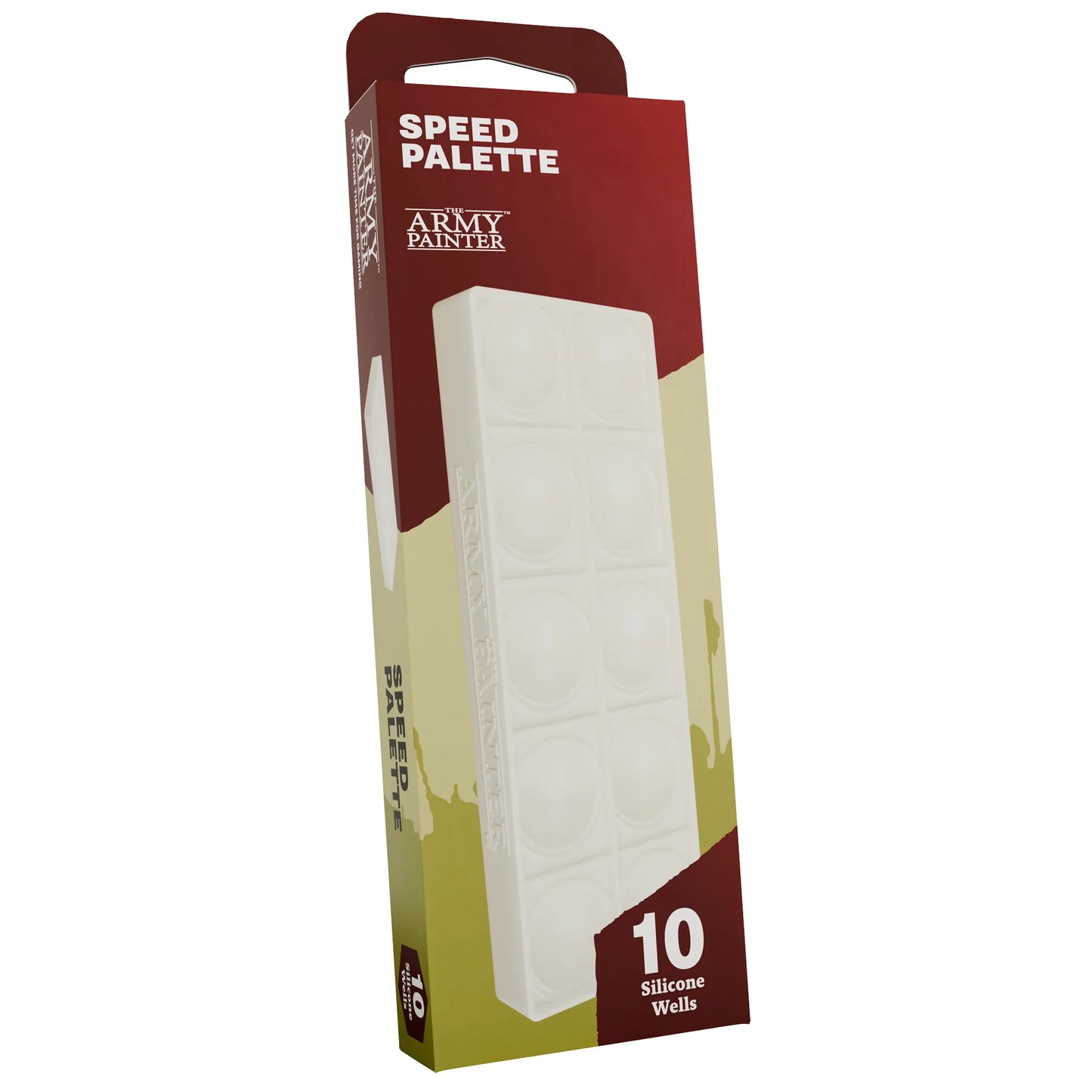 Flexible silicone miniature painting palette with 10 non-stick wells for acrylics, Speedpaints, washes, and hobby paints; easy-clean and reusable.