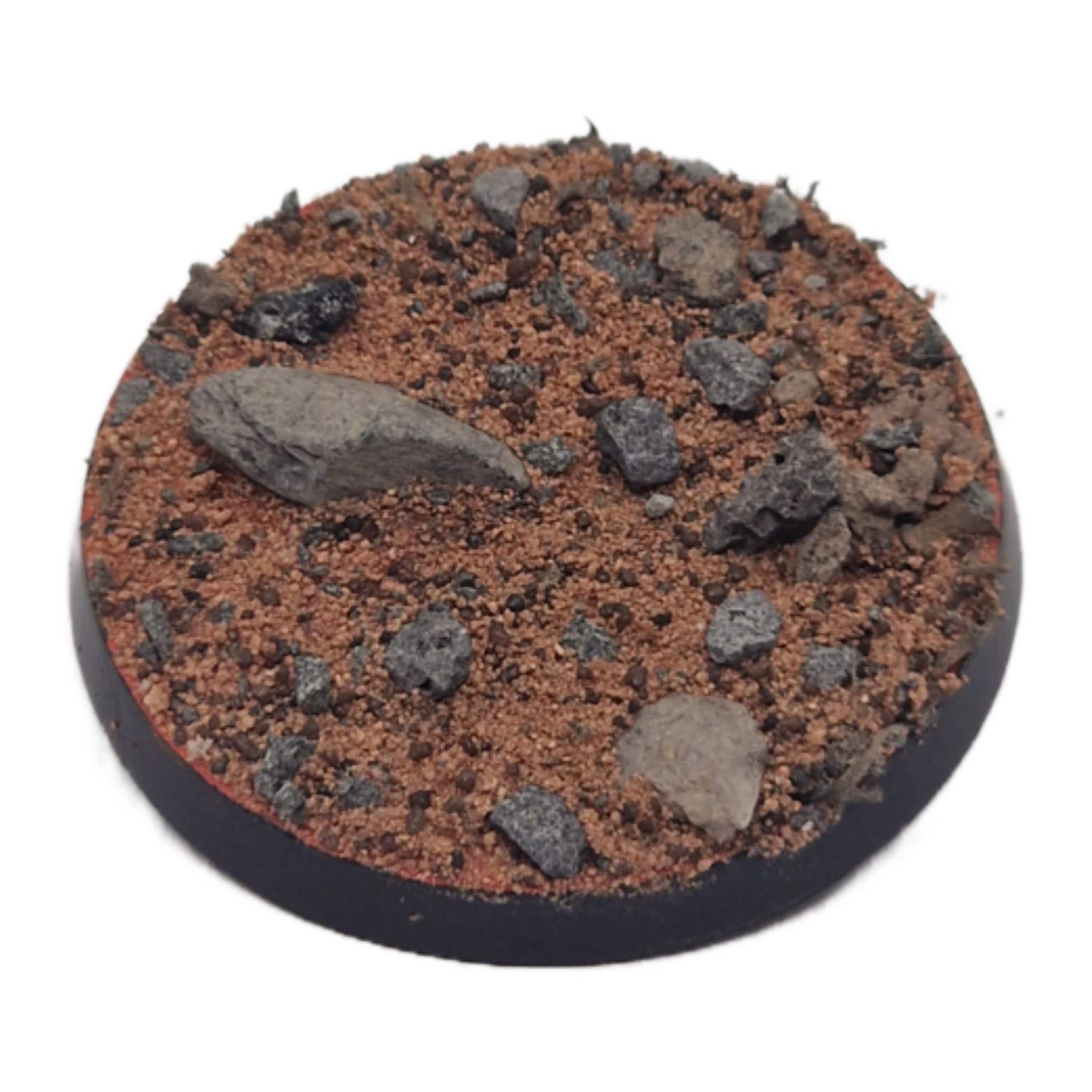 Round terrain piece with brown surface and gray rocks on a white background