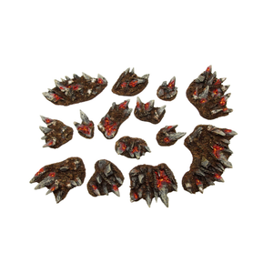 Set of dragon scale-like objects with red accents on a white background