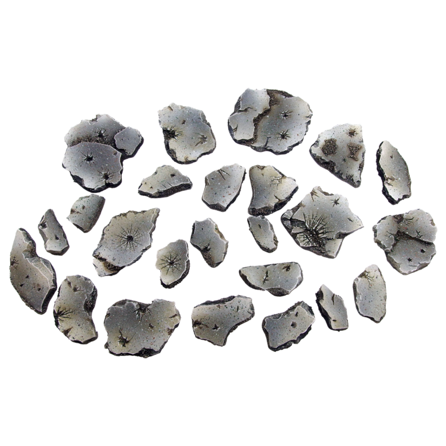 Collection of small stone fragments on a white background