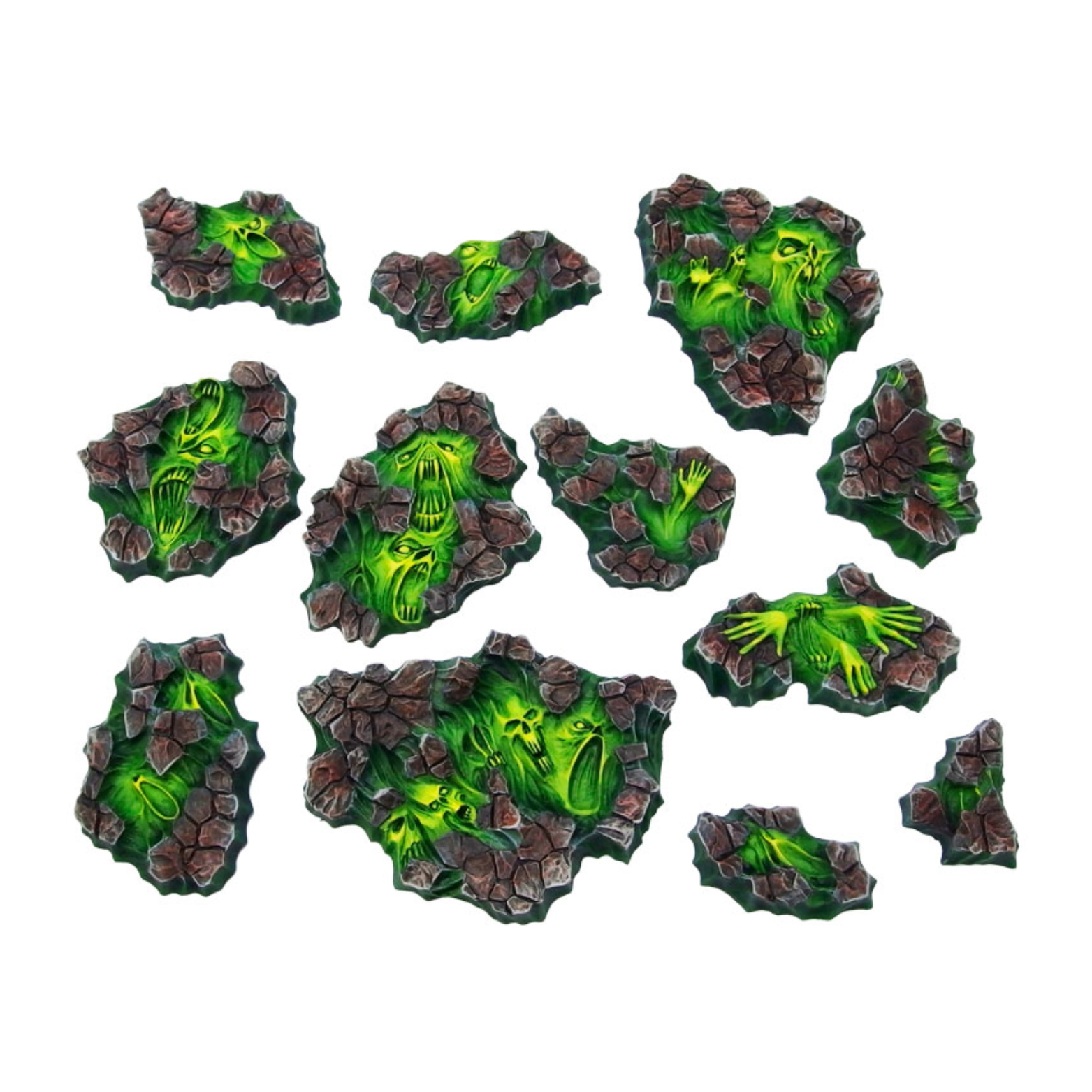 Set of green and brown game tiles on a white background