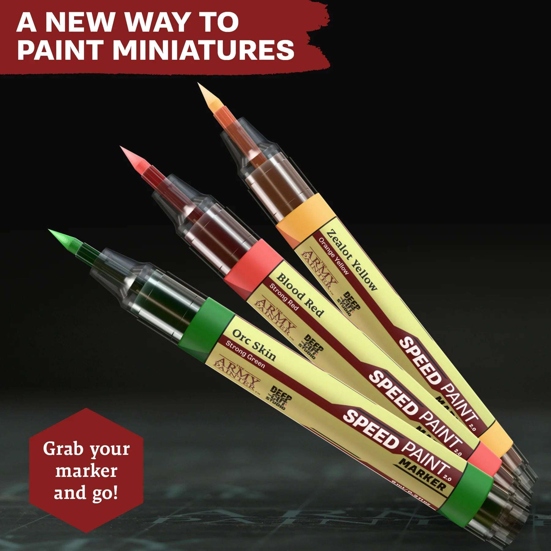 Three mini paint markers with color names on a dark background