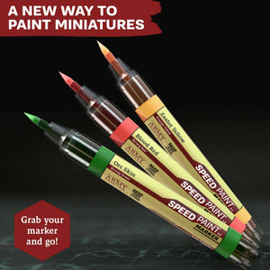Three mini paint markers with color names on a dark background