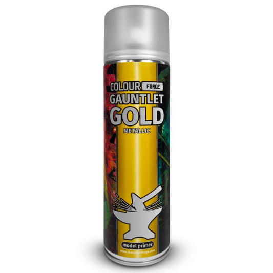 Spray paint can labeled 'Gauntlet Gold Metallic' by Colour Forge on a white background