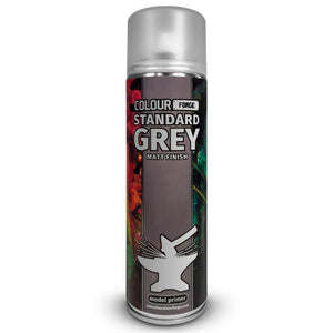 Spray paint can labeled 'Colour Forge Standard Grey' on a white background