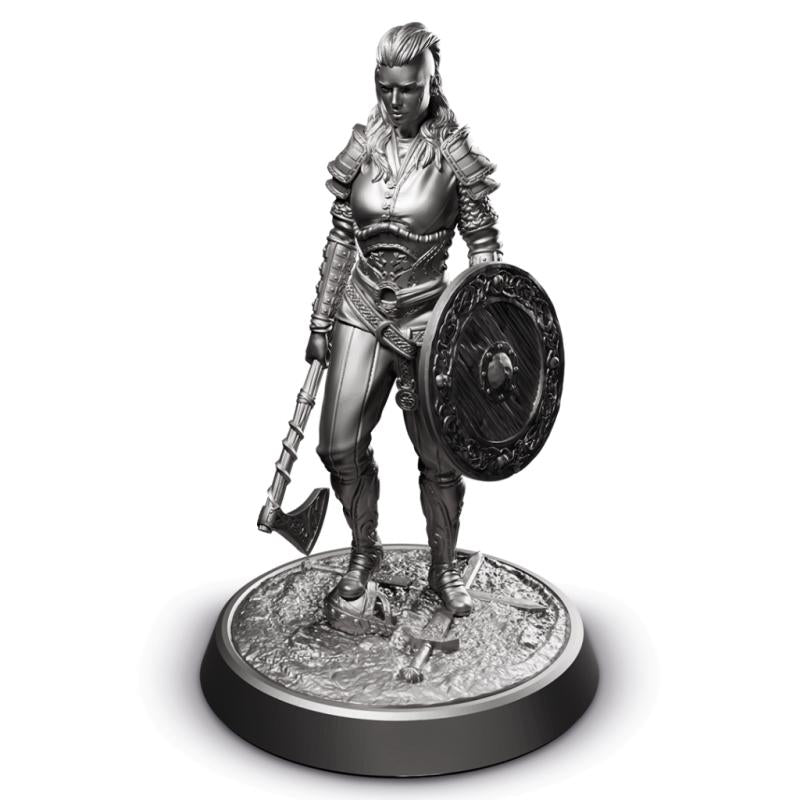 Metallic figurine of a warrior with armor, axe, and shield on a white background