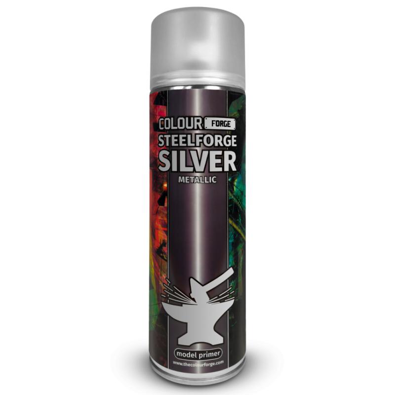 Spray paint can labeled 'Colour Forge Steelforge Silver Metallic' on a white background