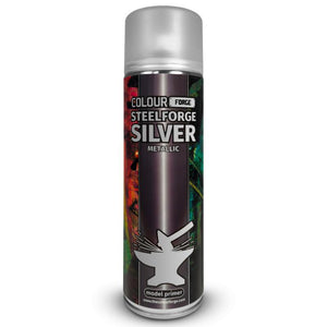 Spray paint can labeled 'Colour Forge Steelforge Silver Metallic' on a white background