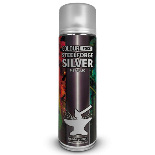 Spray paint can labeled 'Colour Forge Steelforge Silver Metallic' on a white background