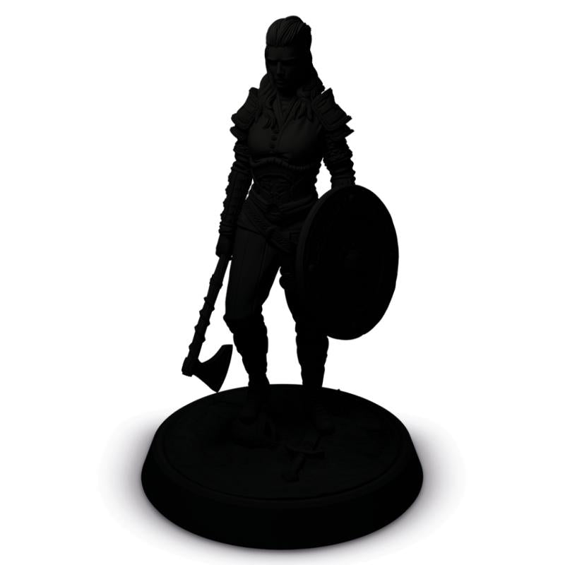Silhouette of a warrior figure with a shield and axe on a white background
