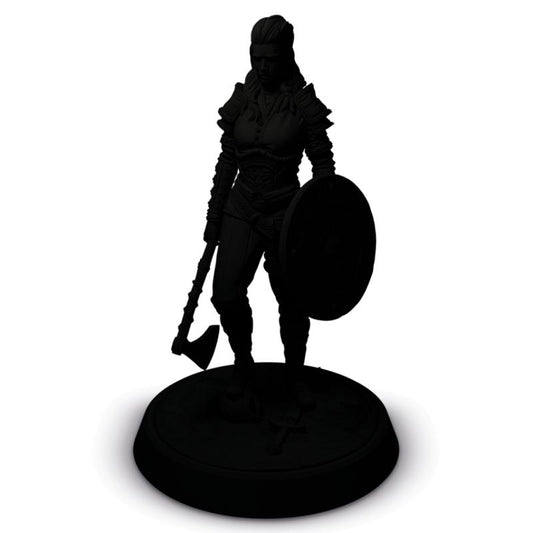Silhouette of a warrior figure with a shield and axe on a white background