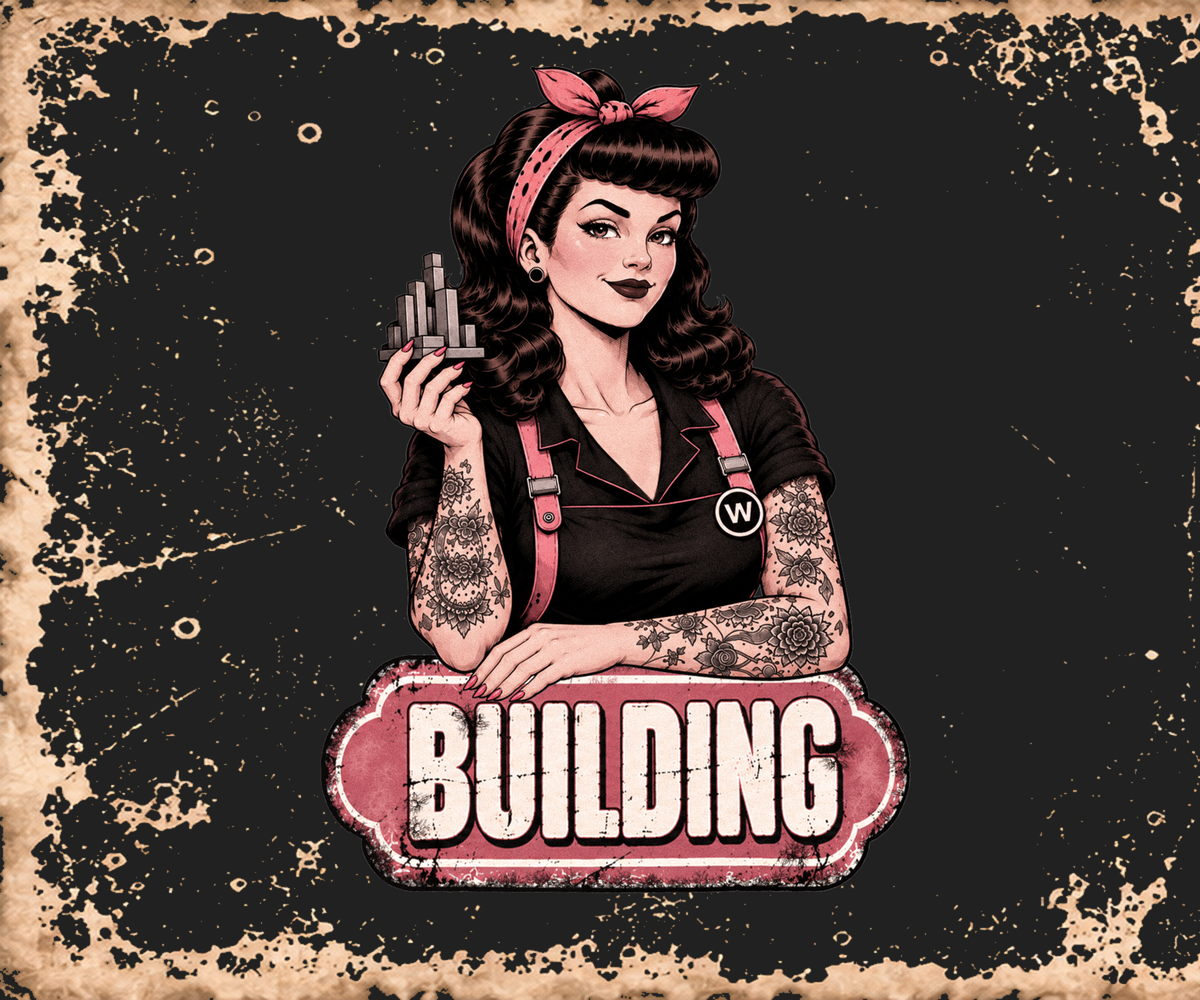 Vintage-style illustrated sign featuring a pin-up woman with dark hair, pink headband, and pink overalls holding a small structure, above a pink sign reading “BUILDING” on a distressed black background with tan worn edges.