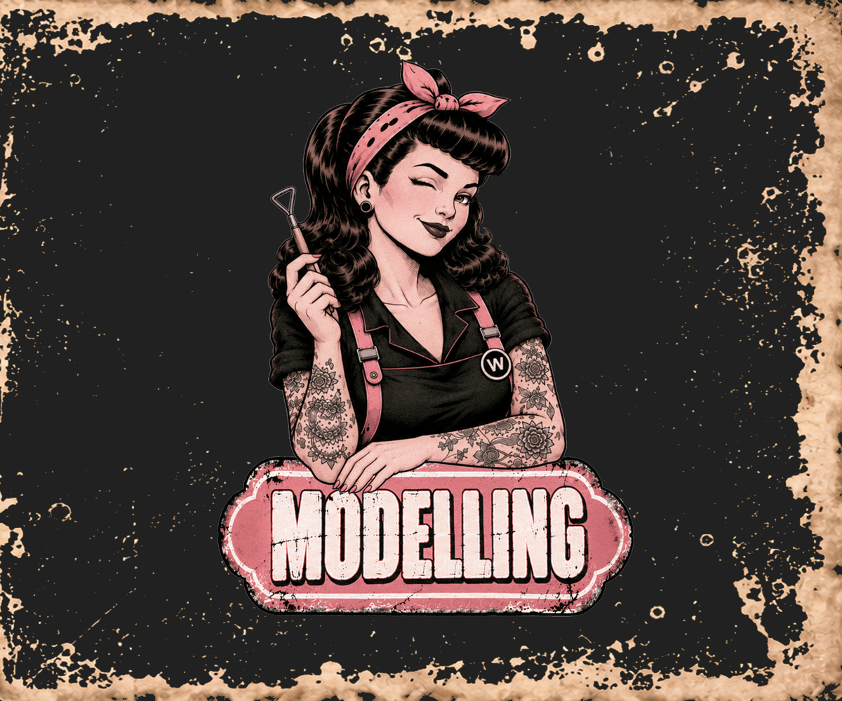Vintage-style pin-up illustration of a woman with dark hair, a pink bow, and pink overalls holding a tool, with the word 'MODELLING' on a distressed pink sign below, set on a dark textured background with a worn beige border.