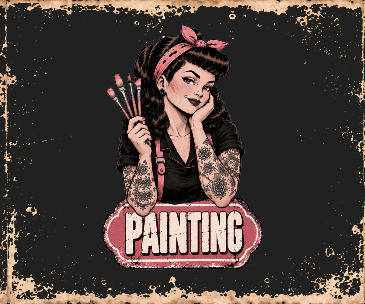 Vintage-style pin-up illustration of a woman with dark hair, a pink bow, and tattooed arms, holding paintbrushes above a distressed pink sign that reads “PAINTING” on a dark textured background.