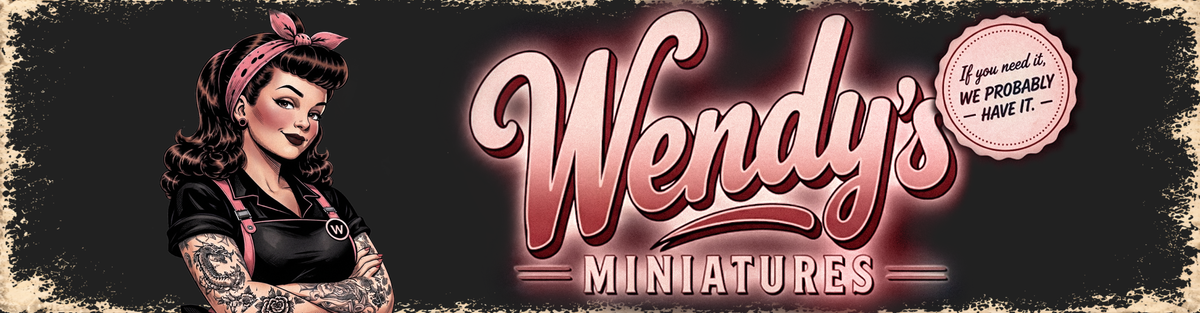 A retro-style illustrated banner for Wendy's Miniatures, featuring a pin-up style woman on the left and large pink-and-white 'Wendy's Miniatures' lettering on a dark background.