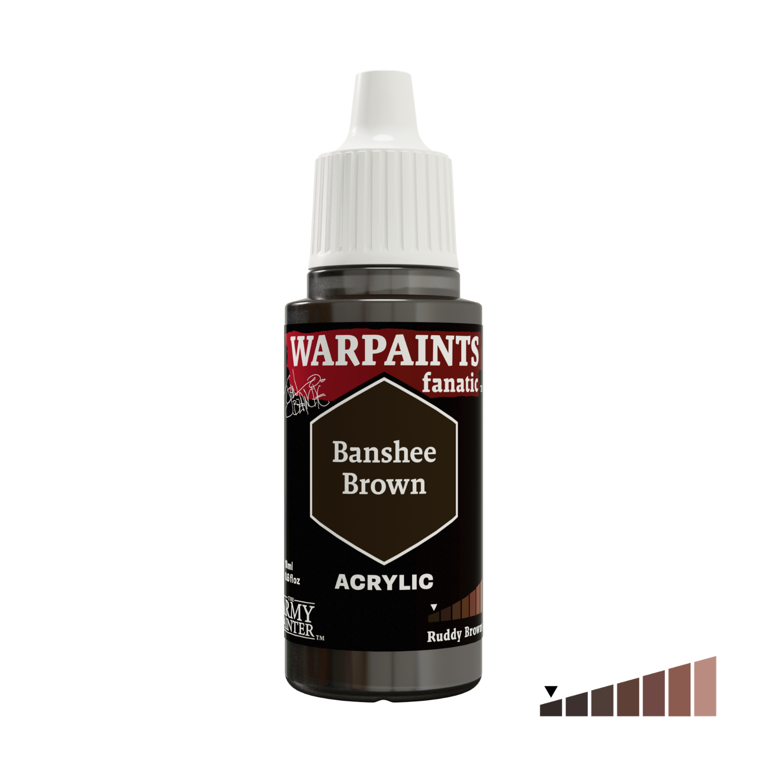 A bottle of Warpaaints Fanatic Banshee Brown Acrylic paint on a white background, featuring a small color swatch gradient in the bottom right corner.