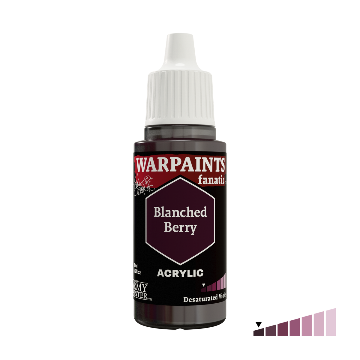 A bottle of Warpaaints Fanatik Blanched Berry acrylic paint on a white background, featuring a small color gradient swatch in the bottom right corner.