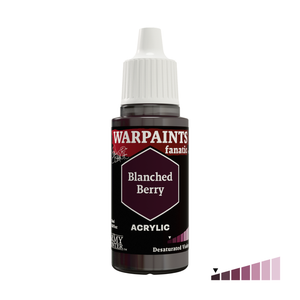 A bottle of Warpaaints Fanatik Blanched Berry acrylic paint on a white background, featuring a small color gradient swatch in the bottom right corner.